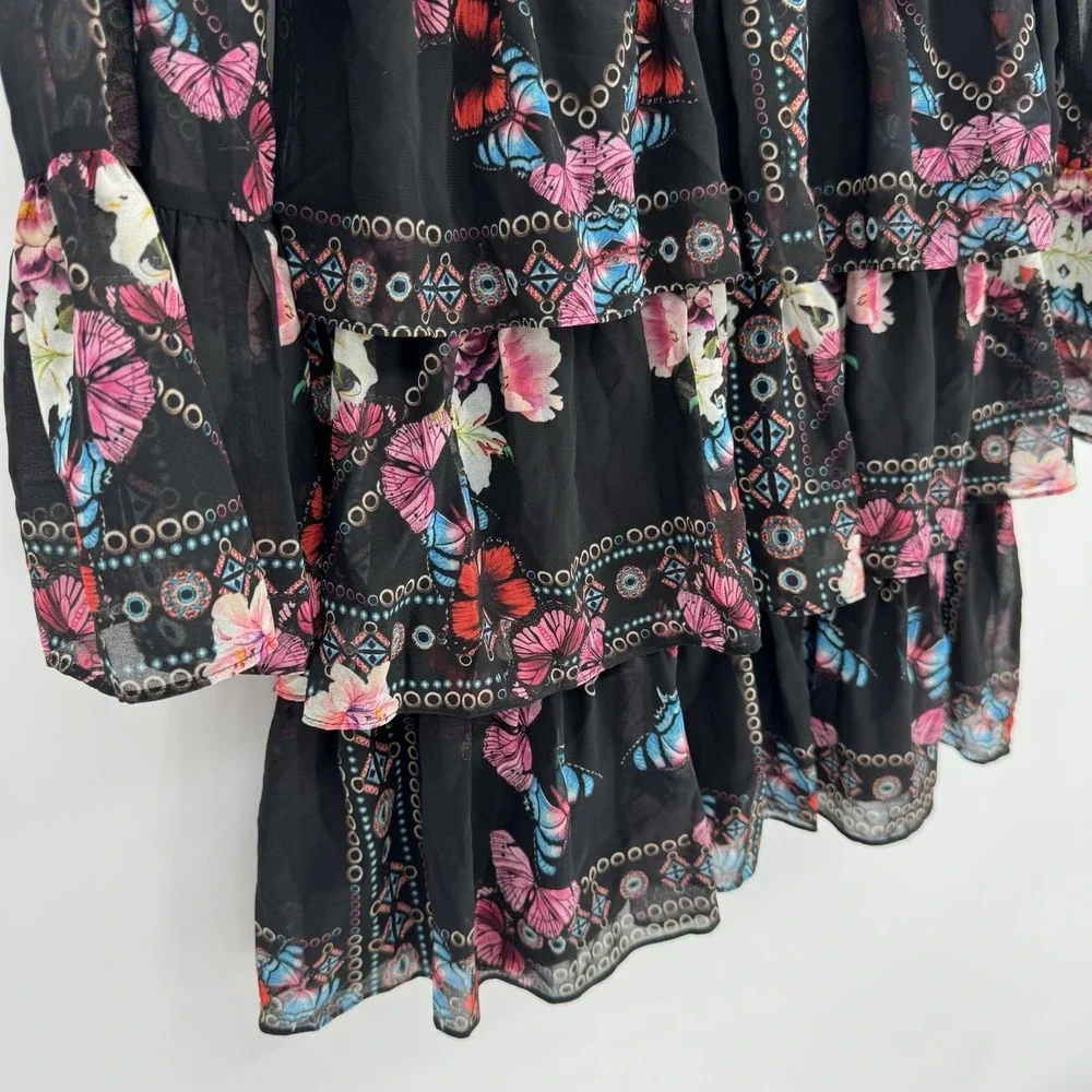 Bebe Bell Sleeve Dress Women's Small Black Pink Floral Chiffon Clara‎ Ruffle